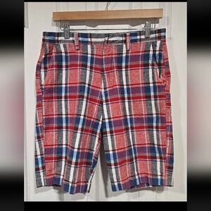 J. Crew Men's 30W Shorts Plaid Rivington Bermuda Preppy Red Linen Cotton
